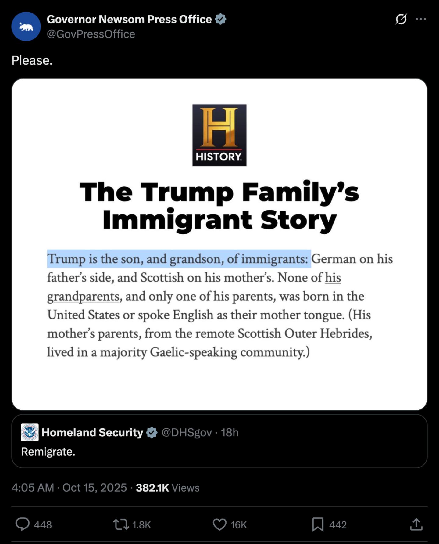 Gavin Newsom Trolls Donald Trump's DHS Over President's Family History