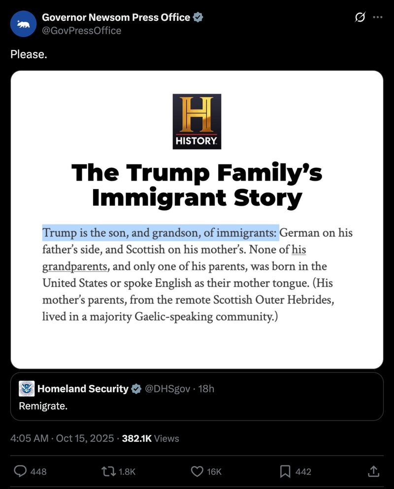 Gavin Newsom's press office responds to the DHS's incendiary tweet.