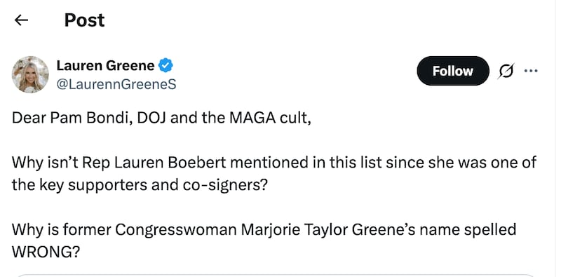 Former lawmaker Marjorie Taylor Greene's daughter joined the Bondi pile-on.