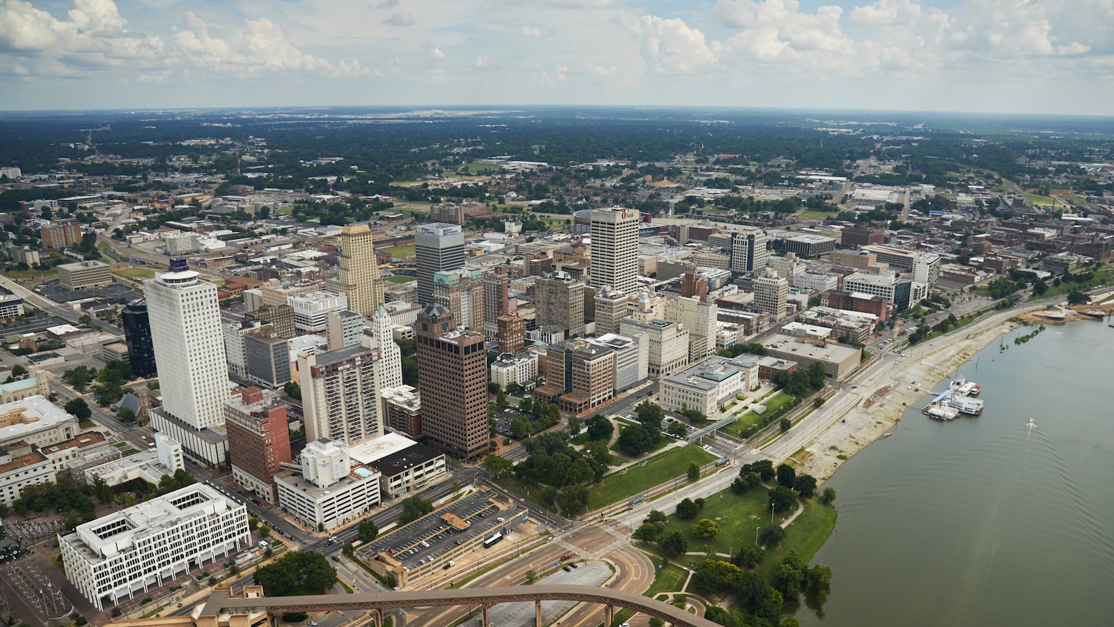 Aerial of downtown Memphis, Tennessee and the Mississippi River.