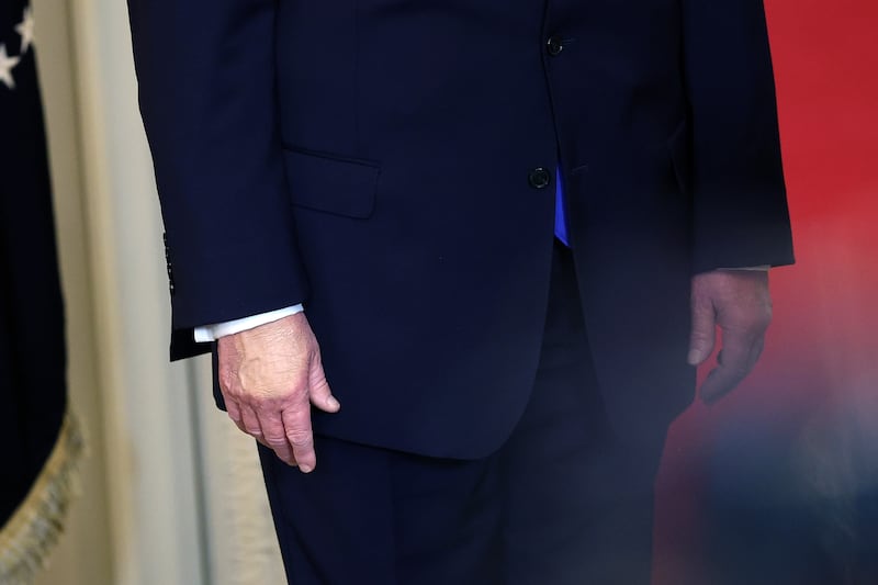 Donald Trump's hands during an Angel Families remembrance ceremony held in the East Room at the White House on Monday.