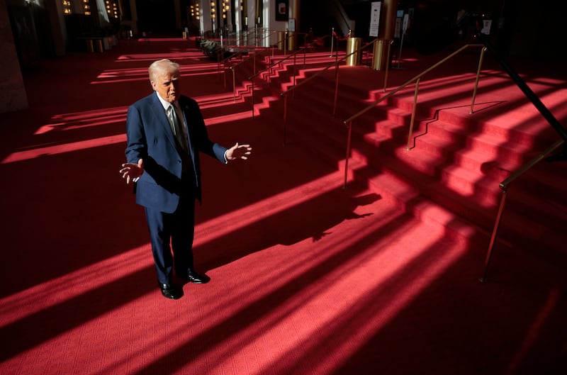 President Donald Trump talks to the media in the Hall of Nations during a tour at the John F. Kennedy Center for the Performing Arts where he also lead a board meeting on March 17, 2025 in Washington, DC.