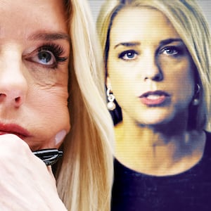 A photo illustration of Pam Bondi in 2026 and Pam Bondi for Attorney General TV Ad "Human Trafficking" from 2015.