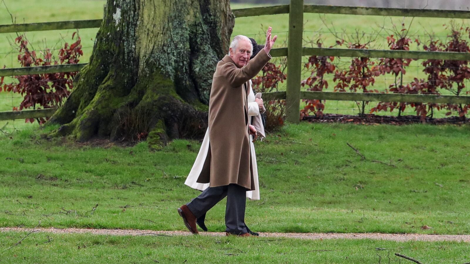 Britain's King Charles waves as he arrives for a church service at St. Mary Magdalene's church on the Sandringham estate in eastern England, Britain, February 11, 2024.