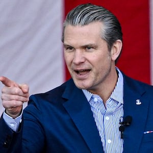 Defense Secretary Pete Hegseth gestures after speaking at Blue Origin in Cape Canaveral, Florida, on February 2, 2026.