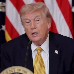 President Donald Trump speaks during a lunch with the Trump Kennedy Center Board Members in the East Room of the White House on March 16, 2026 in Washington, DC. President Trump convened the board of trustees of the Trump Kennedy Center to vote on a proposal to close the institution for two years of major renovations.