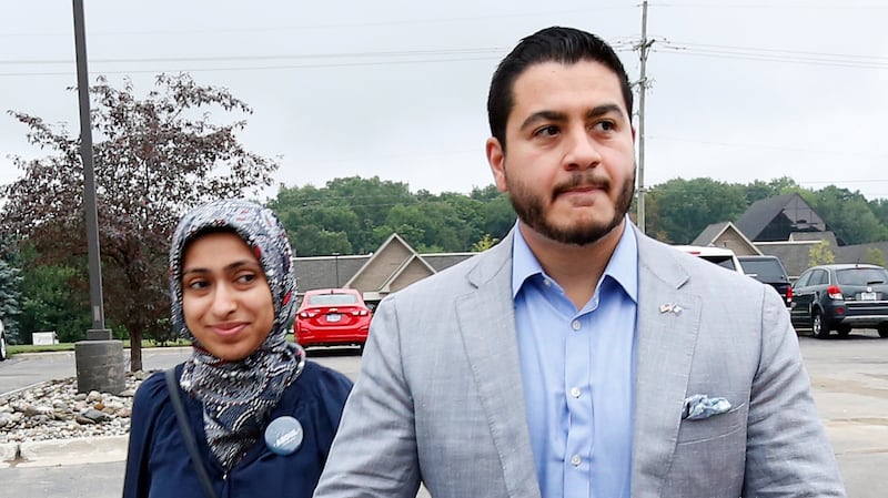 Democratic Governor candidate Abdul El-Sayed arrives to vote with his wife Sarah Jukaku at Lakeside Assembly of God for the Michigan Primary Election in Shelby,