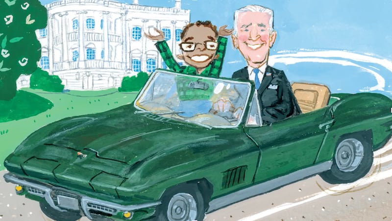 Cartoon of a boy in Joe Biden's Corvette with Biden