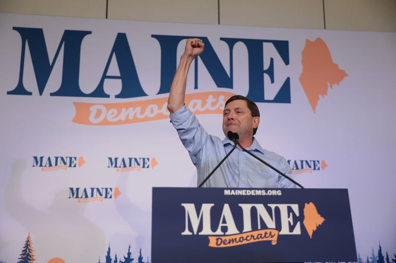 BANGOR, MAINE - JULY 25: Troy Jackson speaks as he became the Maine Democratic Party's choice to be their U.S. Senate nominee to replace Graham Platner on the ballot in November on July 25, 2026, in Bangor, Maine. Troy Jackson will face off against Sen. Susan Collins (R-ME) in the general election. (Photo by Joe Raedle/Getty Images)