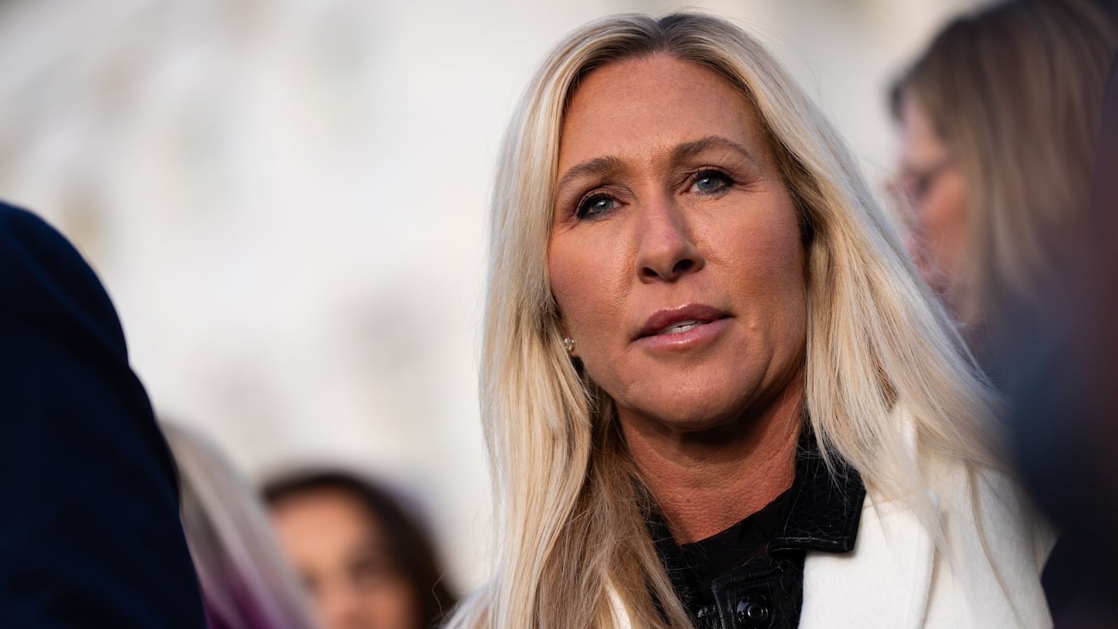 WASHINGTON, DC - NOVEMBER 18: Rep. Marjorie Taylor Greene, pictured, R-Ga, Rep. Ro Khanna, D-Calif., and Rep. Thomas Massie, R-Ky held a press conference outside the U.S. Capitol, on Tuesday, November 18, 2025, with victims of convicted sex offender Jeffrey Epstein as the House prepares to vote to release records related to him.