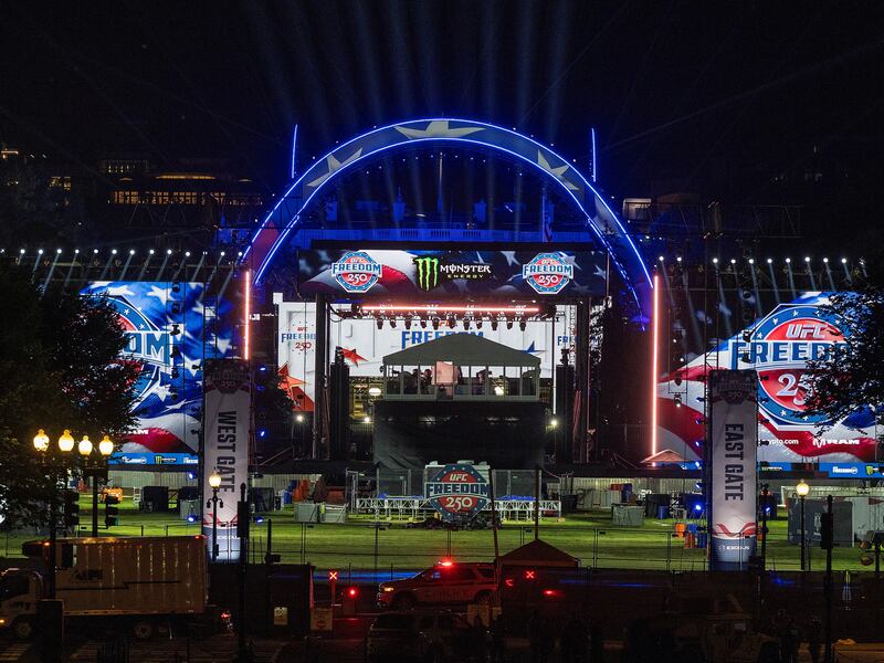 Stage lights are tested for the upcoming Ultimate Fighting Championship Freedom 250 event.