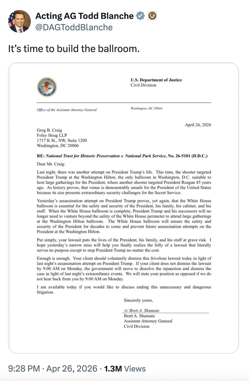 Todd Blanche's X.com post about the ballroom.