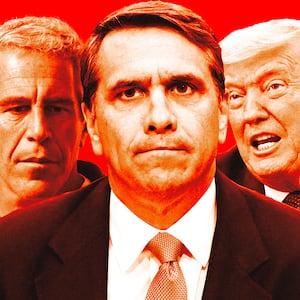 A photo illustration illo of Jeffrey Epstein, Todd Blanche, and Donald Trump.
