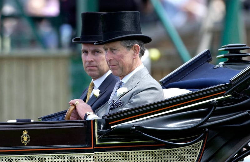 ASCOT, UNITED KINGDOM - JUNE 19:  The Second Day Of Royal Ascot. Prince Charles (prince Of Wales) Arriving In An Open Carriage With His Brother Prince Andrew (duke Of York).  (Photo by Tim Graham Photo Library via Getty Images)