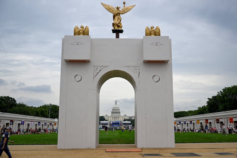 A model of U.S. President Donald Trump's proposed triumphal arch during The Great American State Fair on the National Mall in Washington D.C., U.S., June 27, 2026.