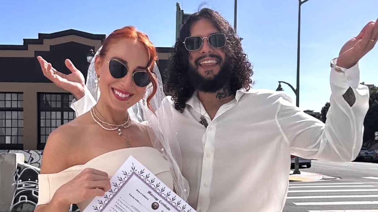 Rachel Leidig and Guilherme Lemes Cardoso E Silva on their wedding day on April 21, 2025.