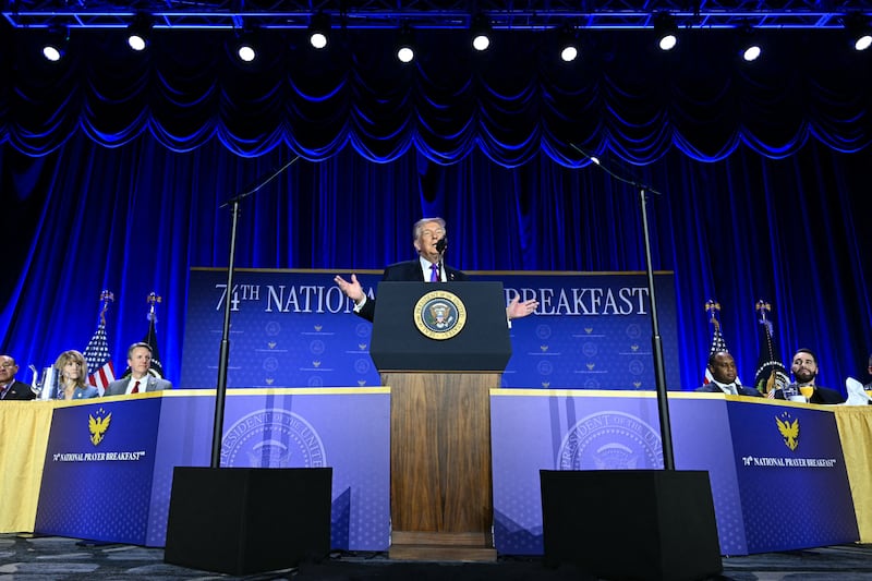 US President Trump speaks during the National Prayer Breakfast at the Washington Hilton in Washington, DC on February 5, 2026. (Photo by SAUL LOEB / AFP via Getty Images)