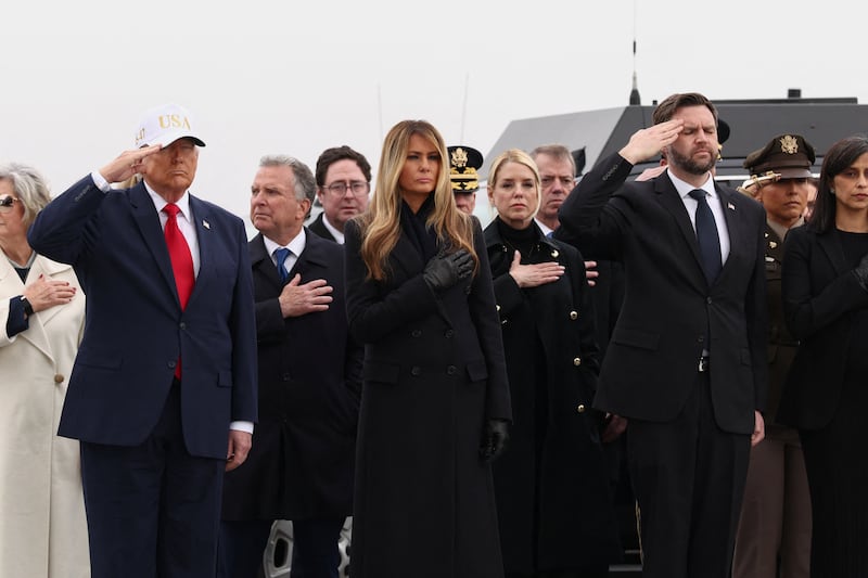 U.S. President Donald Trump, U.S. first lady Melania Trump, White House Chief of Staff Susie Wiles, U.S. Special Envoy Steve Witkoff, U.S. Attorney General Pam Bondi, U.S. Vice President JD Vance, U.S. Second lady Usha Vance, stand as members of the military carry a transfer case during a dignified transfer of the remains of six U.S. Army service members of the 103rd Sustainment Command, who were killed in Kuwait, Major Jeffrey O'Brien, Capitain Cody Khork, Chief Warrant Officer 3 Robert Marzan, Sergeant 1st Class Nicole Amor, Sergeant 1st Class Noah Tietjens and Sergeant Declan Coady, amid the U.S.-Israeli conflict with Iran, at Dover Air Force Base in Dover, Delaware, U.S., March 7, 2026. REUTERS/Kevin Lamarque