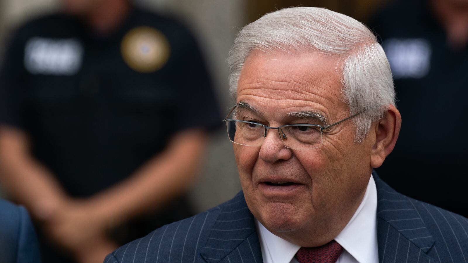 U.S. Sen. Bob Menendez (D-NJ) speaks to the media as he exits Manhattan federal court on July 16, 2024 in New York City.