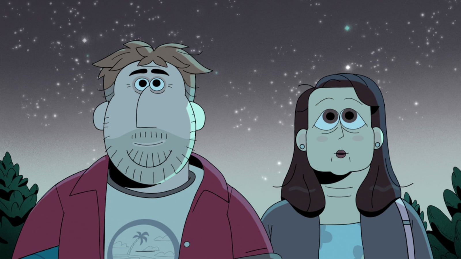 Michael Chernus as Eric and Martha Kelly as Carol stand next to each other in a still from Carol & The End of The World