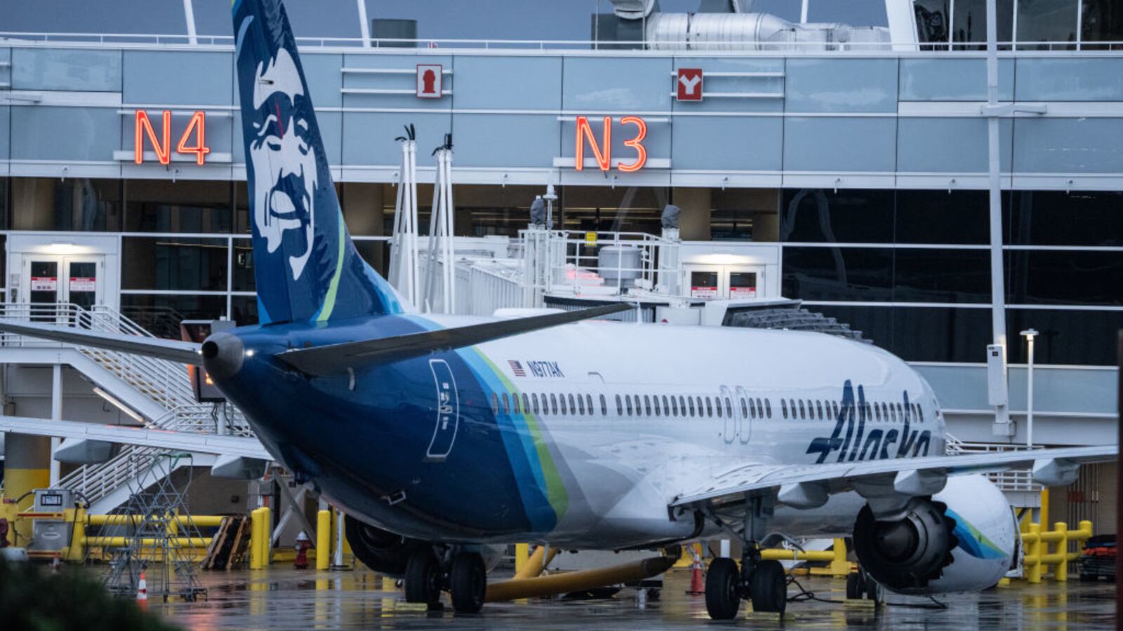 An Alaska Airlines Boeing 737 MAX 9 plane sits at a gate at Seattle-Tacoma International Airport on January 6, 2024 in Seattle, Washington.