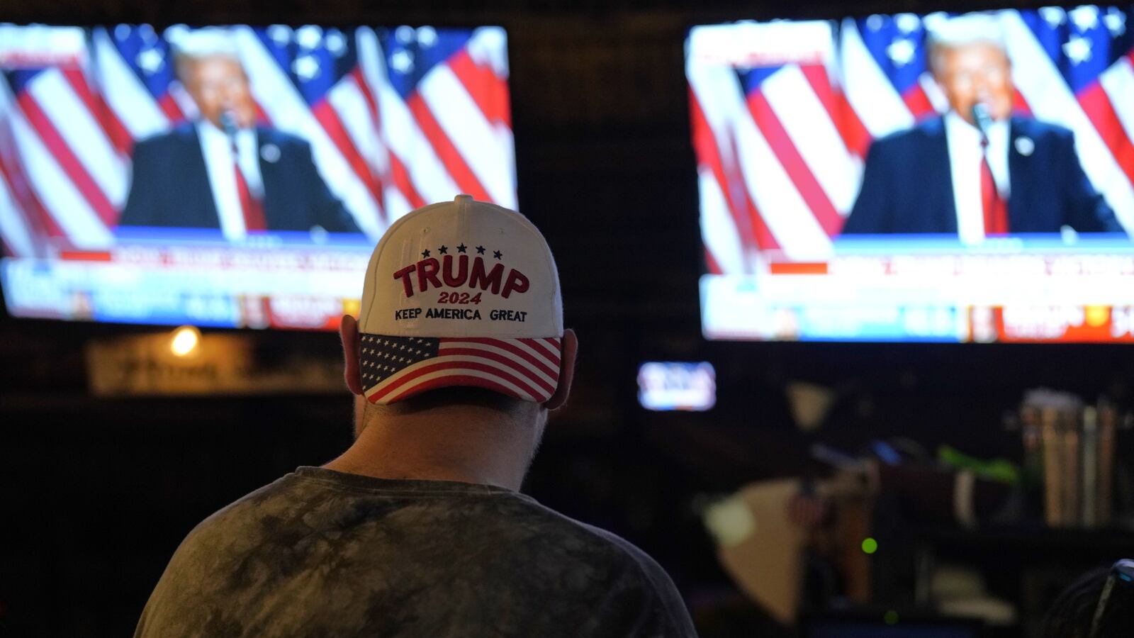 A supporter of the Republican Party attends an election watch party in Fort Lauderdale, Florida, the United States, on Nov. 6, 2024. Republican candidate Donald Trump declared victory in the 2024 U.S. presidential election early Nov. 6, 2024.
