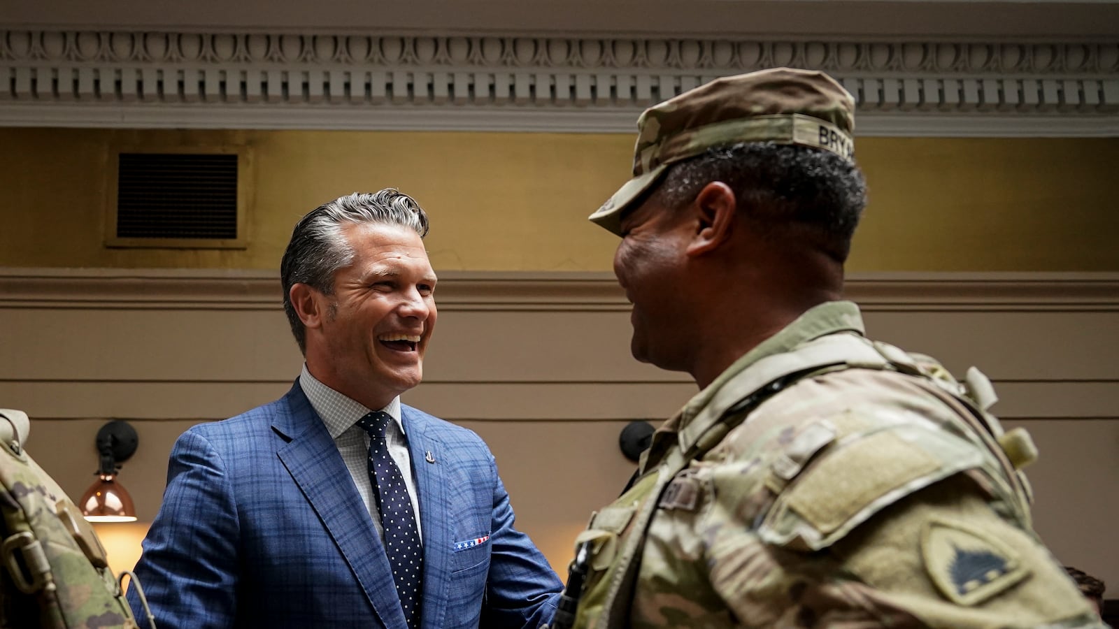 WASHINGTON, DC - AUGUST 20: Defense Secretary Pete Hegseth greets members of the National Guard during a visit to Union Station on August 20, 2025 in Washington, D.C. The Trump administration has deployed federal officers and the National Guard to the District in order to place the DC Metropolitan Police Department under federal control and assist in crime prevention in the nation's capital. (Photo by Al Drago-Pool/Getty Images)