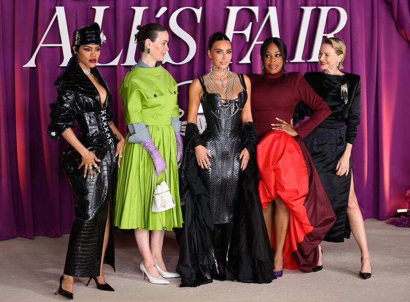 LONDON, ENGLAND - OCTOBER 22: (L-R) Teyana Taylor, Sarah Paulson, Kim Kardashian, Niecy Nash-Betts and Naomi Watts attend the "All's Fair" London Premiere at Odeon Luxe Leicester Square on October 22, 2025 in London, England. (Photo by Karwai Tang/WireImage)