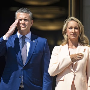 Pete Hegseth and his wife Jennifer Rauchet at an official ceremony at the Pentagon in Washington, United States on July 9, 2025.
