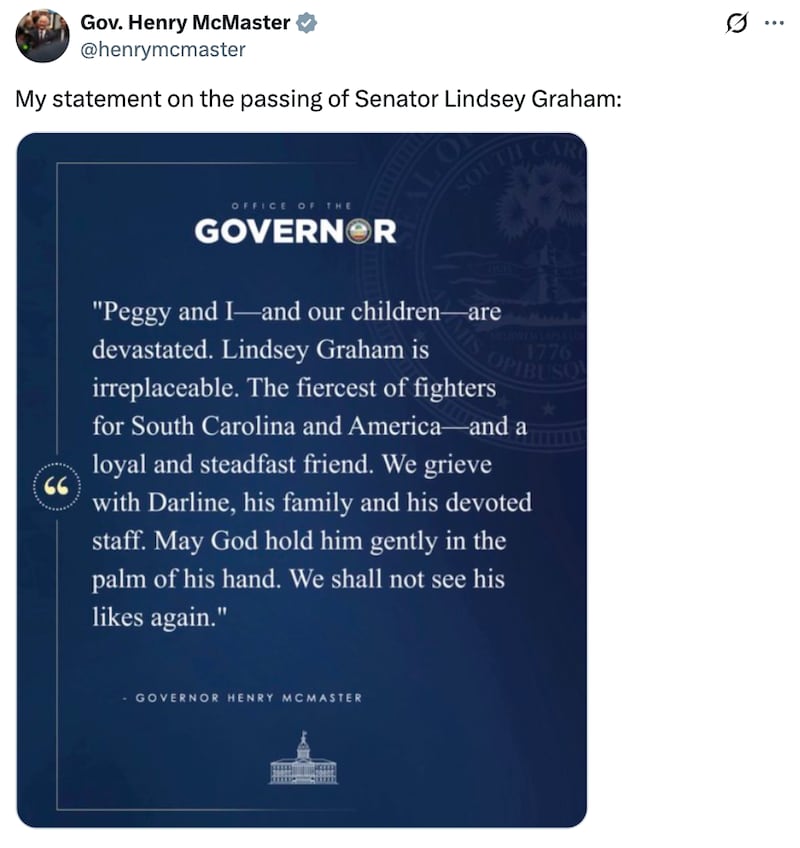 Gov. McMaster's statement on Graham's death