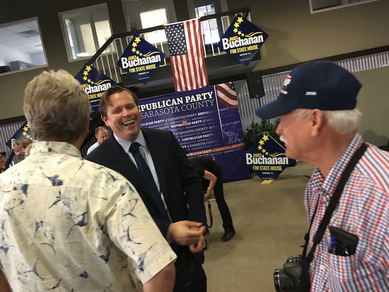 James Buchanan, center, a Republican candidate for state Senate in Florida, at a GOP event in Sarasota, Fla. on February 11, 2018. (Photo by Dave Weigel/The Washington Post via Getty Images)