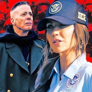 A photo illo illustration of Gregory (Greg) Bovino and Kristi Noem.