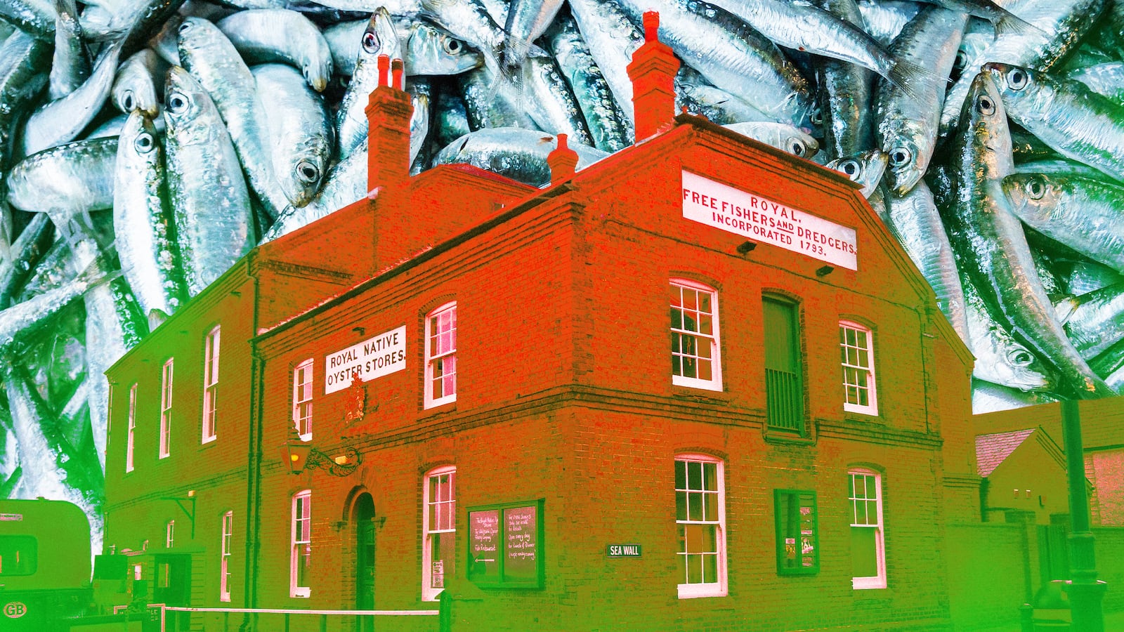 A photo illustration of Royal Native Oyster Stores restaurant and Public house in Whitstable, Kent, UK.