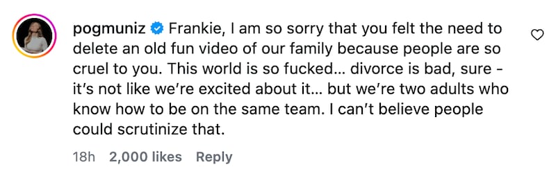 Frankie Muniz's wife replied to his Instagram post with a statement of support.