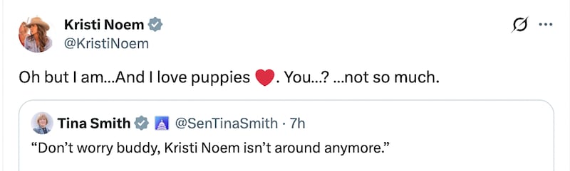 Noem replies to Smith's jab on X.