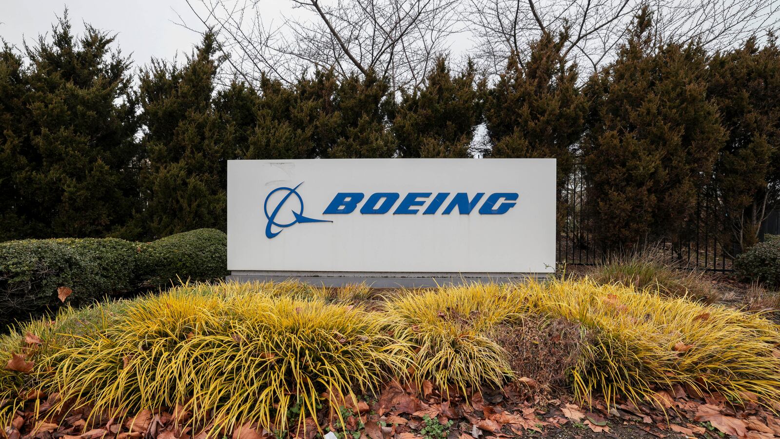 The Boeing logo is pictured as Boeing's 737 factory teams hold the first day of a "Quality Stand Down" for the 737 program at Boeing's factory in Renton, Washington on January 25, 2024.
