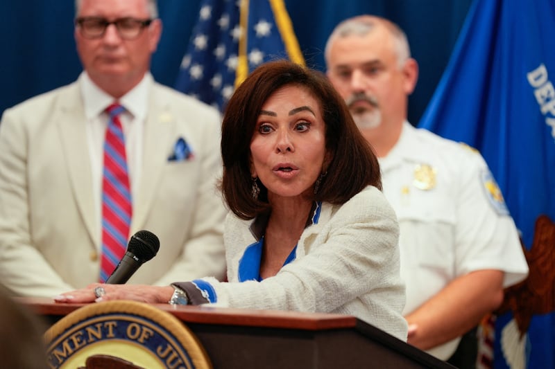 U.S. Attorney Jeanine Pirro discusses charges related to vandalism of the Lincoln Memorial Reflecting Pool during a press conference in Washington, D.C., U.S., July 2, 2026.