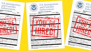 A photo illustration of ICE job applications with red You're Hired! stamps.