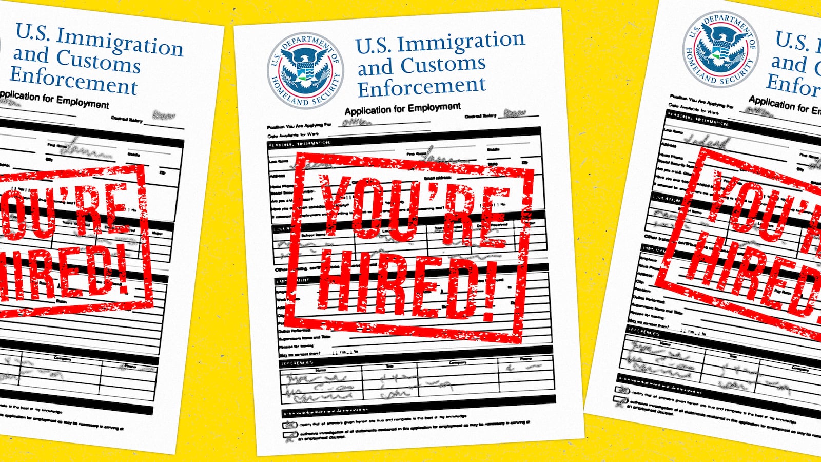 A photo illustration of ICE job applications with red You're Hired! stamps.