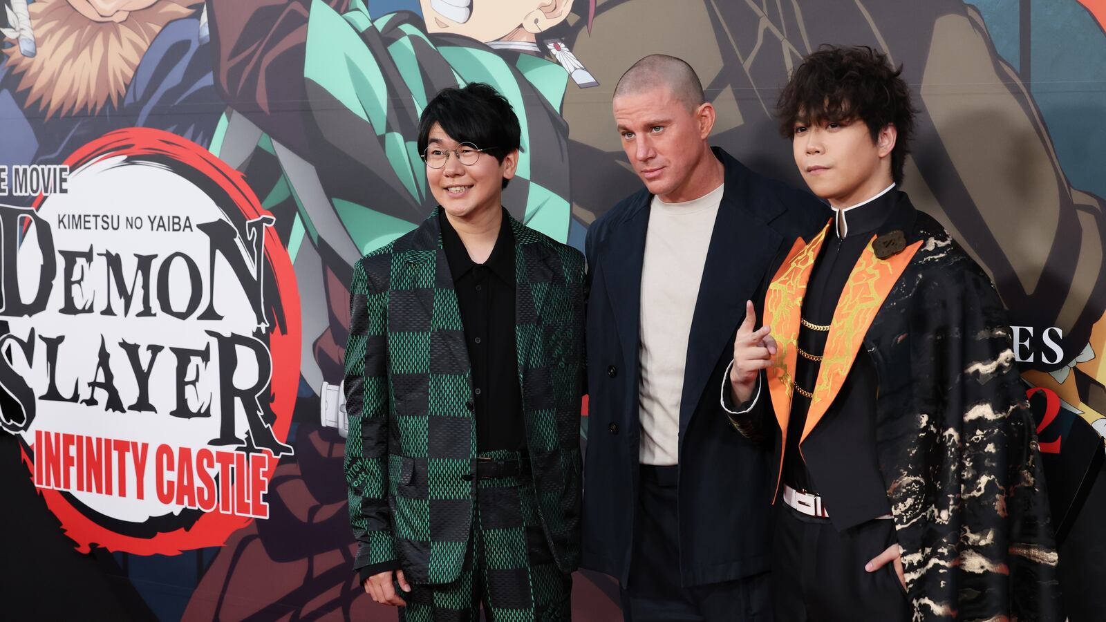 HOLLYWOOD, CALIFORNIA - SEPTEMBER 09: (L-R) Natsuki Hanae, Channing Tatum and Aleks Le attend the Los Angeles English Dub Premiere of "Demon Slayer: Kimetsu No Yaiba Infinity Castle" at TCL Chinese 6 Theatres on September 09, 2025 in Hollywood, California.