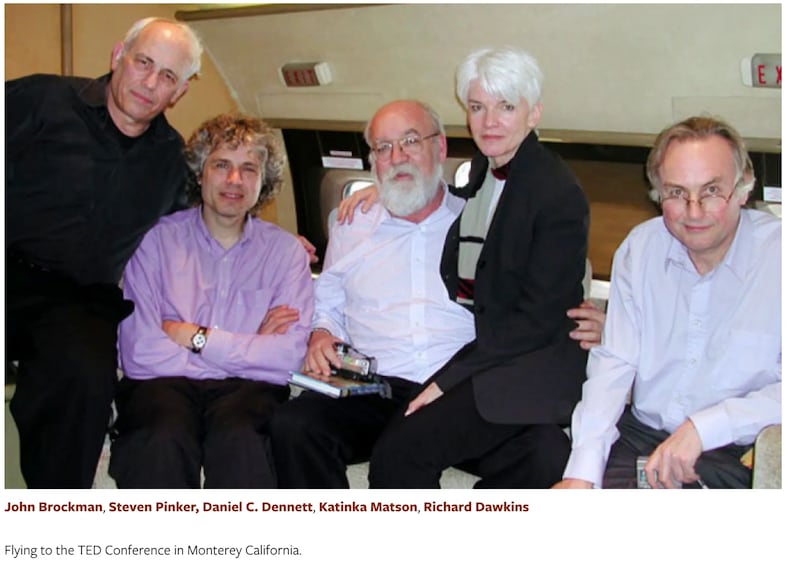 John Brockman, Steven Pinker, Daniel C. Dennett, Katinka Matson, and Richard Dawkins on board a flight with Jeffrey Epstein to a TED Conference in 2002.
