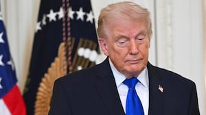 US President Donald Trump looks on during the Angel Families Remembrance Ceremony in the East Room of the White House in Washington, DC, on February 23, 2026. (Photo by SAUL LOEB / AFP via Getty Images)