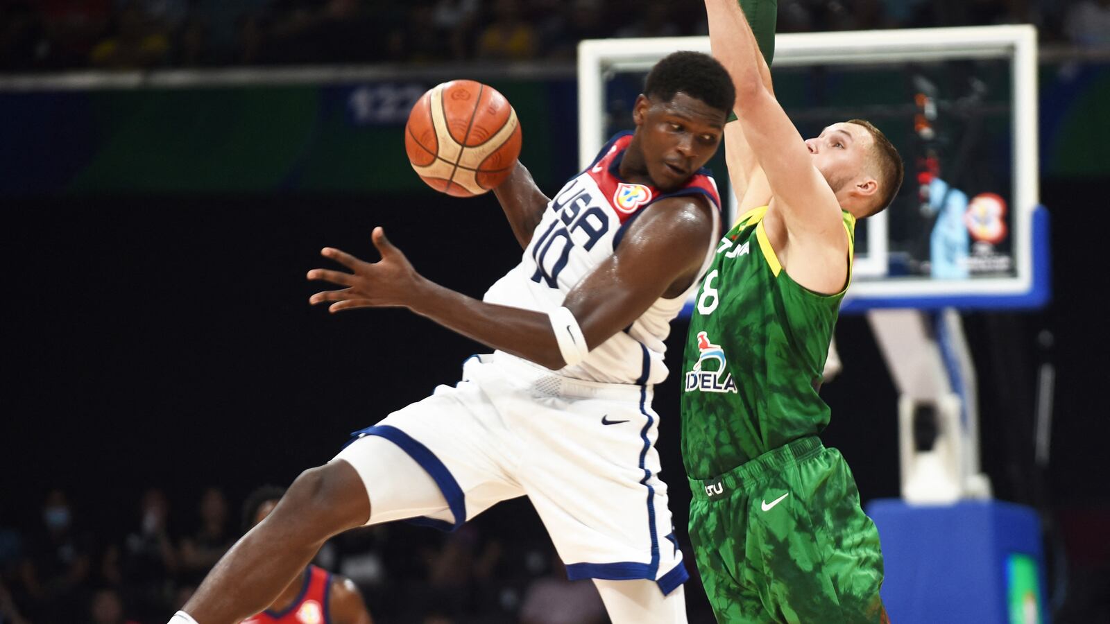 Anthony Edwards of the U.S. in action with Lithuania's Tadas Sedekerskis.