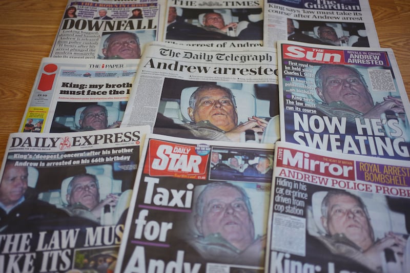 The front pages of national newspapers on display in London showing Andrew Mountbatten-Windsor leaving Aylsham Police Station after he was released from custody on Thursday after he was arrested on suspicion of misconduct in public office. Picture date: Friday February 20, 2026. (Photo by Yui Mok/PA Images via Getty Images)