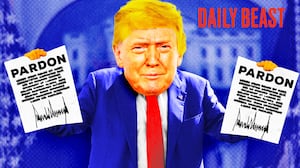 A photo illustration of Donald Trump holding up pardons.