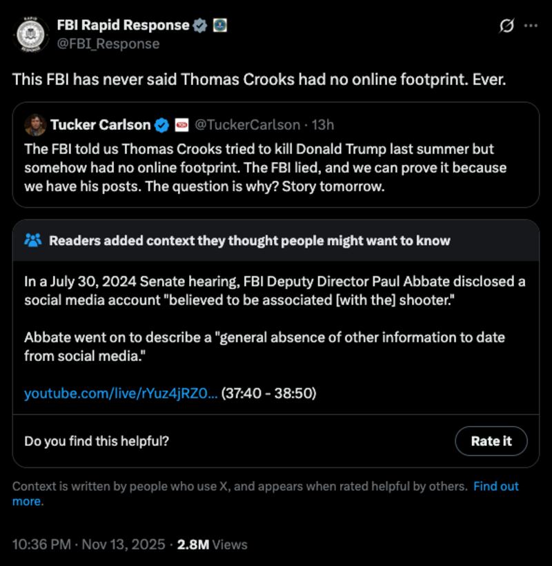 A screenshot of the FBI Rapid Response text message responding to Tucker Carlson.