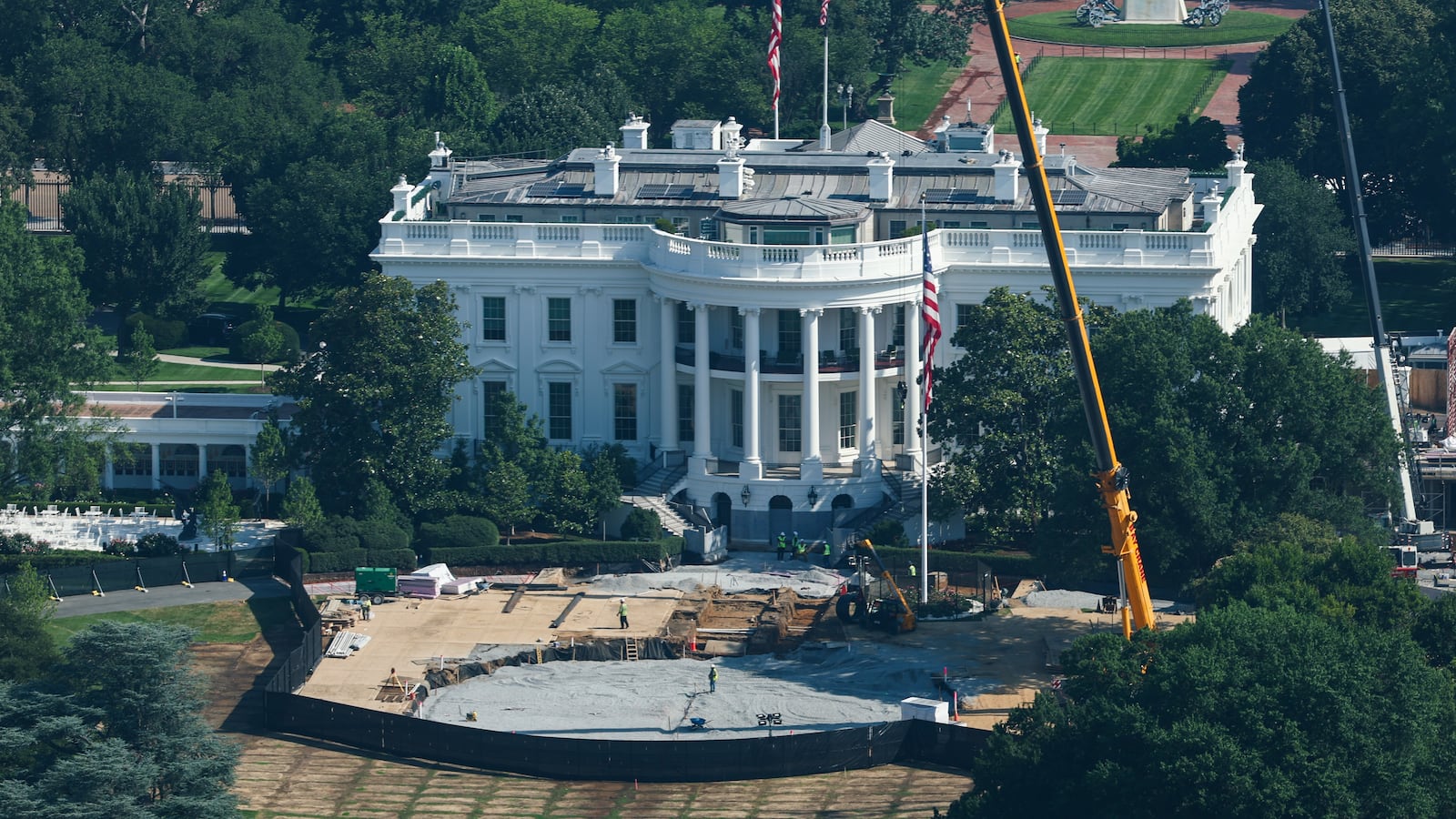 WASHINGTON, DC - JULY 03: Construction at the future site of a helipad on the South Lawn of the White House on Tuesday, July 3, 2026 in Washington, D.C.Rushed work continues at the White House and across the nation's capital in preparation for the country's 250 anniversary on July 4. (Photo by Finn Gomez/Getty Images)