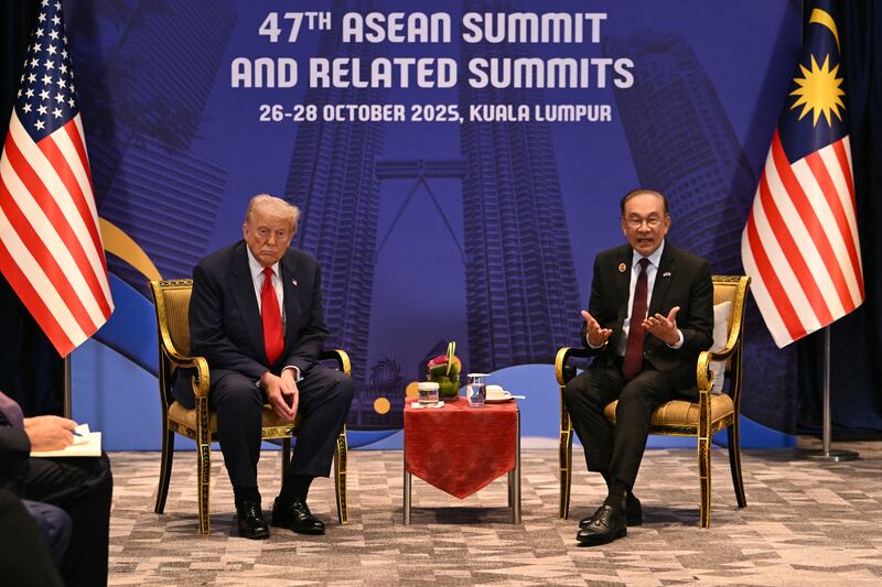 President Donald Trump had his swollen ankles on display as he met wit Malaysia's Prime Minister Anwar Ibrahim in Kuala Lumpur on October 26, 2025.