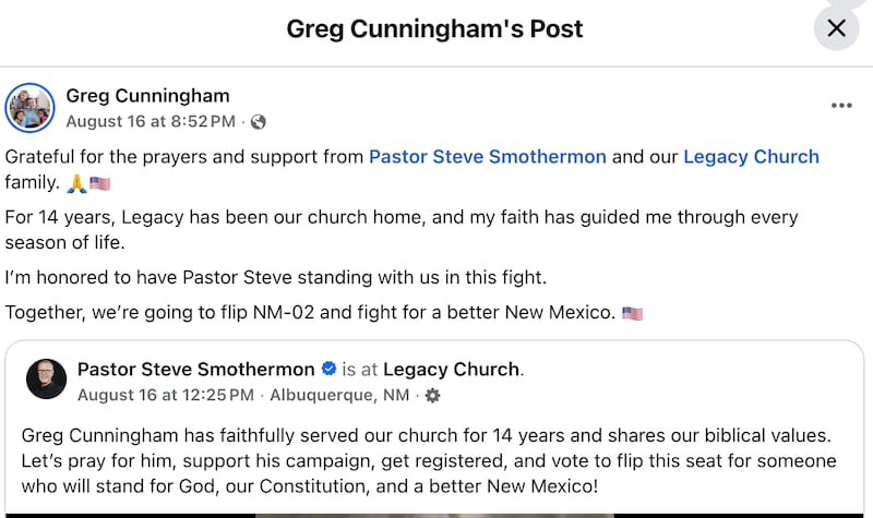 Screenshot of Greg Cunningham's Facebook post