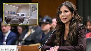 Kristi Noem testifying in front of congress with an inset image of a plane bedroom